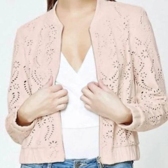 Dex Jackets & Blazers - 3/$25 Dex Faux Suede Bomber Jacket S Eyelet Floral Laser Cut Out Zip Up Beige